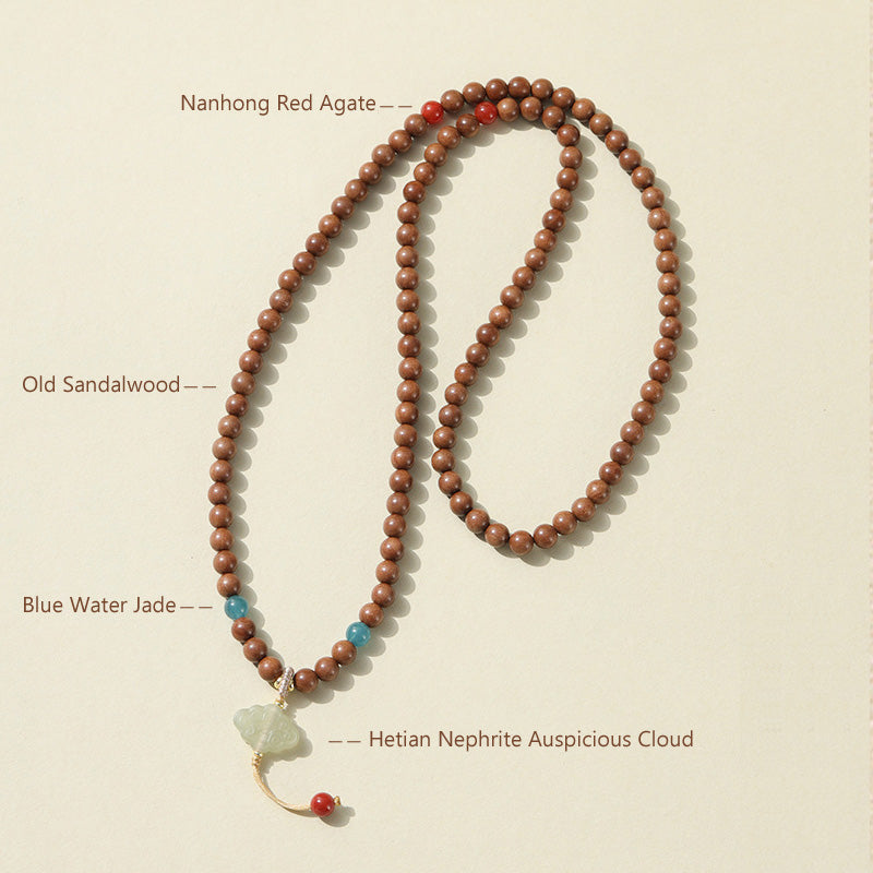 ATELIER-TIBET Bracelet Mala en Bois de Santal Ancien – Symboles Sacrés & Pierres Naturelles