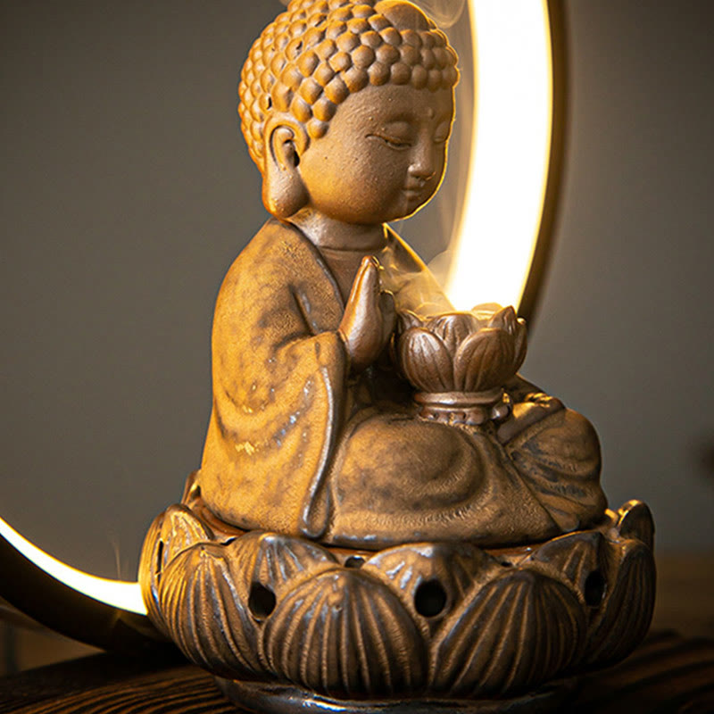 ATELIER-TIBET Brûleur d’Encens Reflux Bouddha Lotus en Céramique – Porte-Encens LED