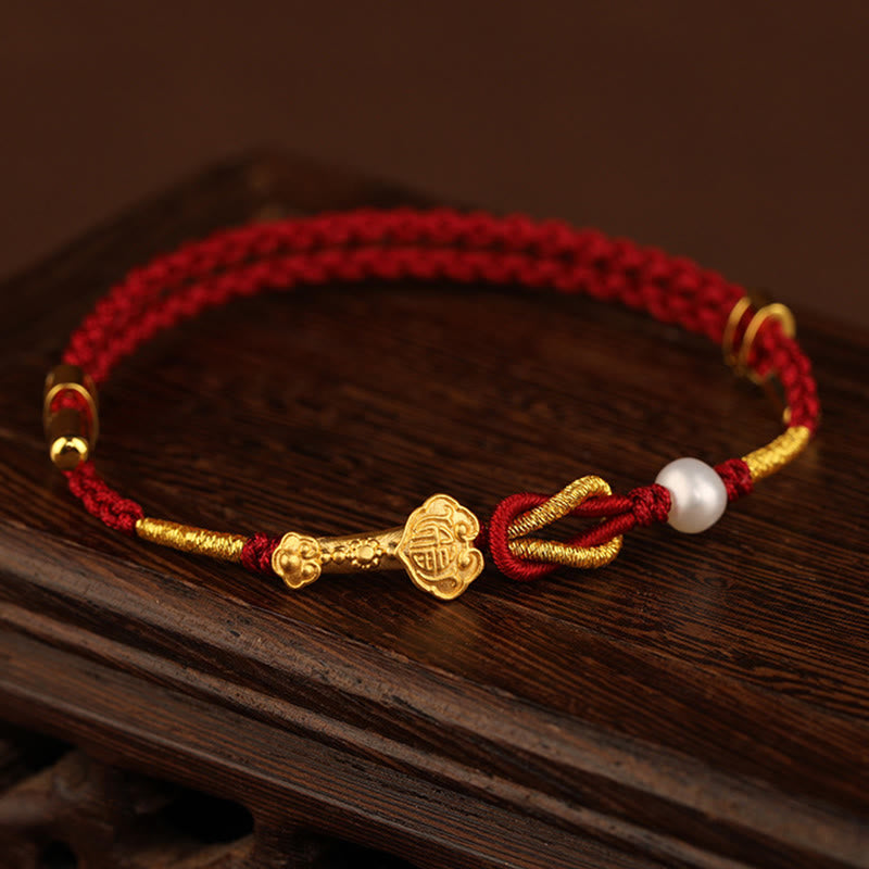 ATELIER-TIBET – Bracelet Porte-Bonheur Ruyi Fu en Or 24 Carats & Fil Rouge Ajustable