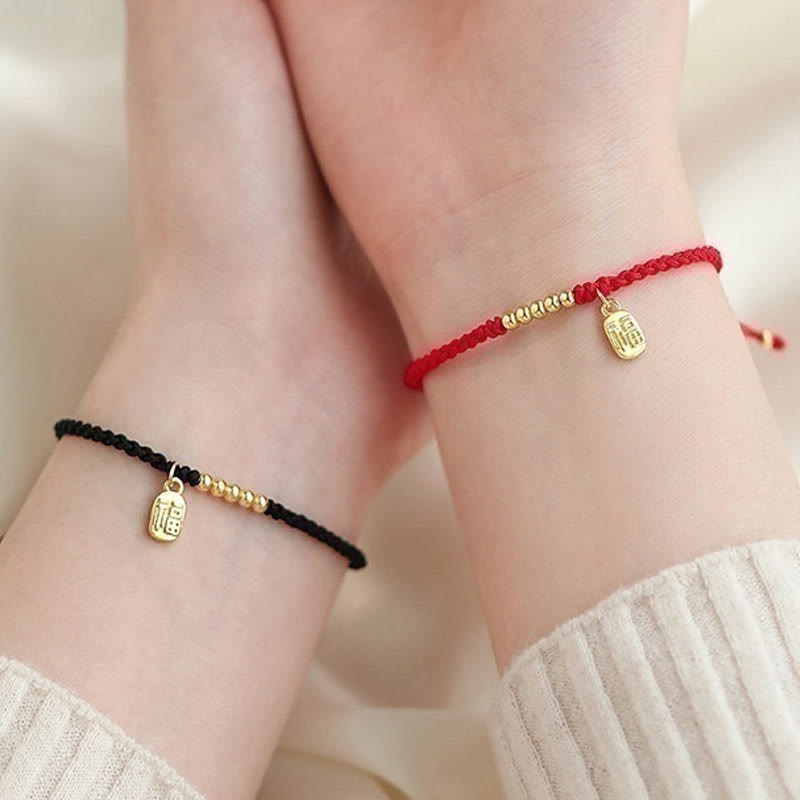 ATELIER-TIBET – Bracelet Fil Rouge avec Symbole Fu (福) en Cuivre