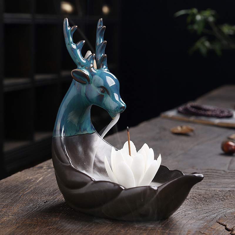 ATELIER-TIBET Brûleur d'encens de méditation en céramique Buddha Stones Little Deer Lotus