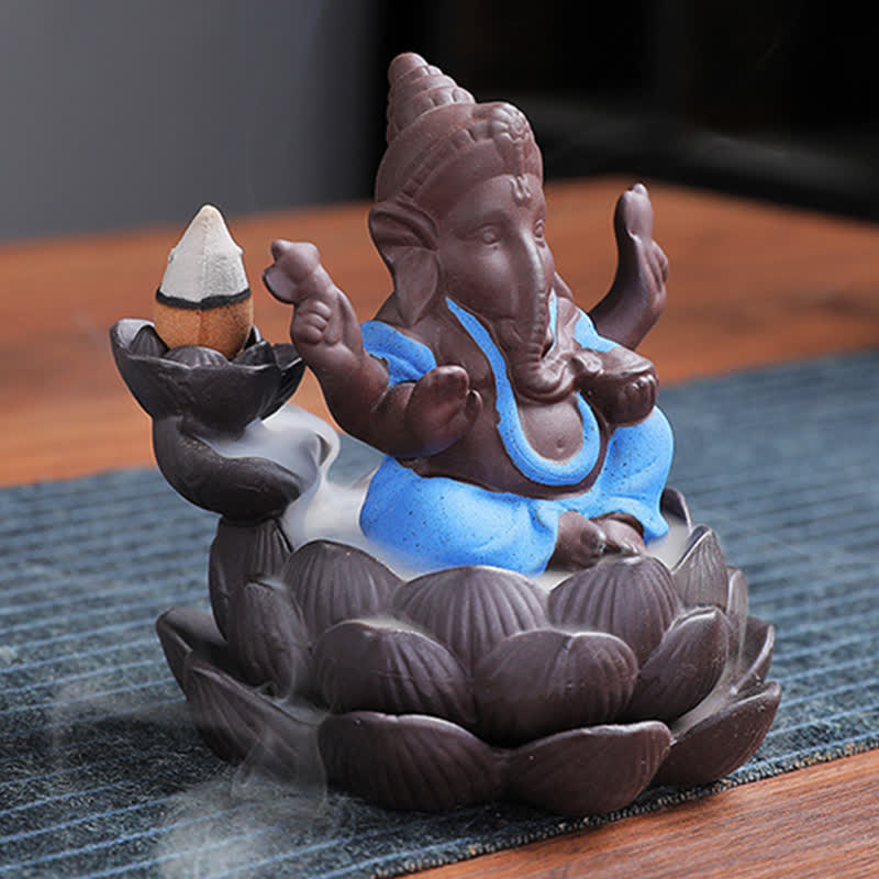 ATELIER-TIBET Brûleur d'encens à reflux en argile violette avec protection contre la fumée de l'éléphant Ganesh