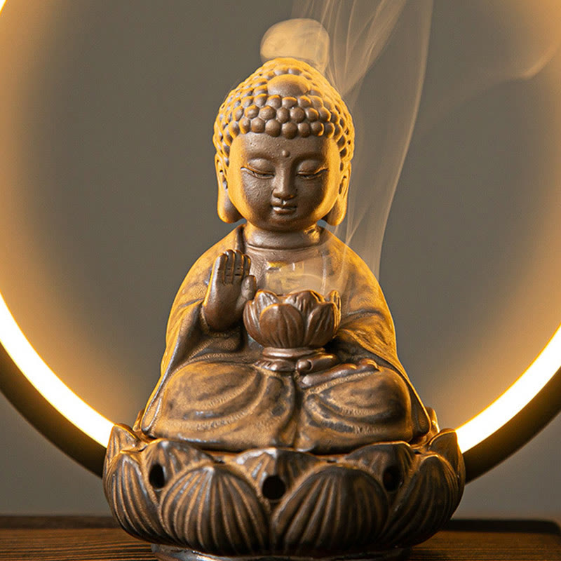 ATELIER-TIBET Brûleur d’Encens Reflux Bouddha Lotus en Céramique – Porte-Encens LED