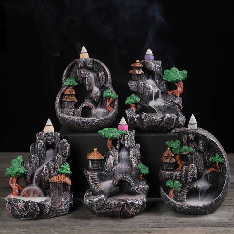 ATELIER-TIBET Brûleur d’Encens Bouddha à Cascade Paysage Montagnes en Résine