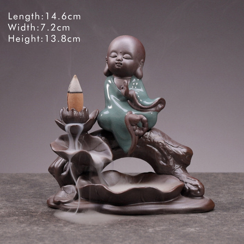 ATELIER-TIBET – Brûleur d’Encens en Céramique Lotus & Petit Moine à Reflux