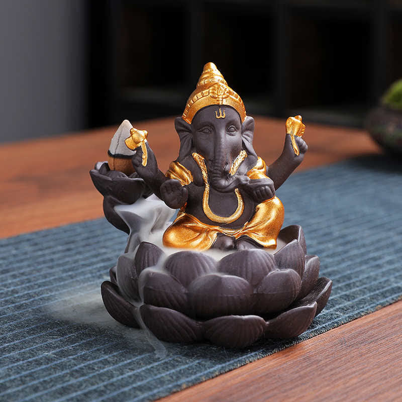 ATELIER-TIBET Brûleur d'encens à reflux en argile violette avec protection contre la fumée de l'éléphant Ganesh
