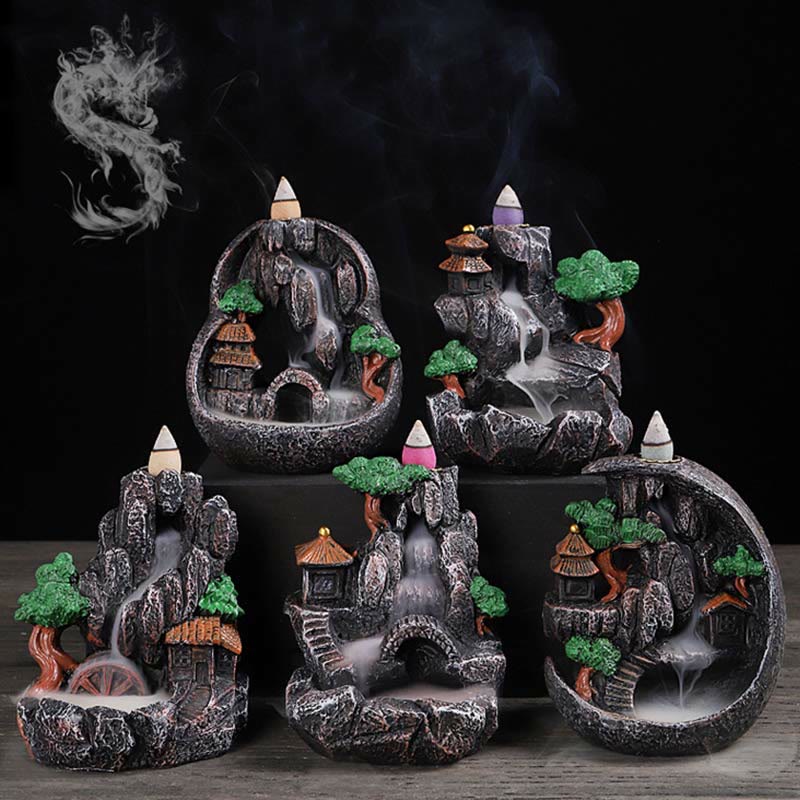 ATELIER-TIBET Brûleur d’Encens Bouddha à Cascade Paysage Montagnes en Résine