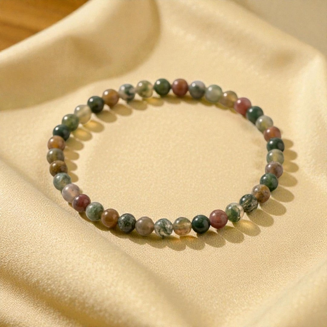 Atelier Tibet fine bracelet with 4mm natural moss agate beads, green and brown tones, elasticated for comfort.
