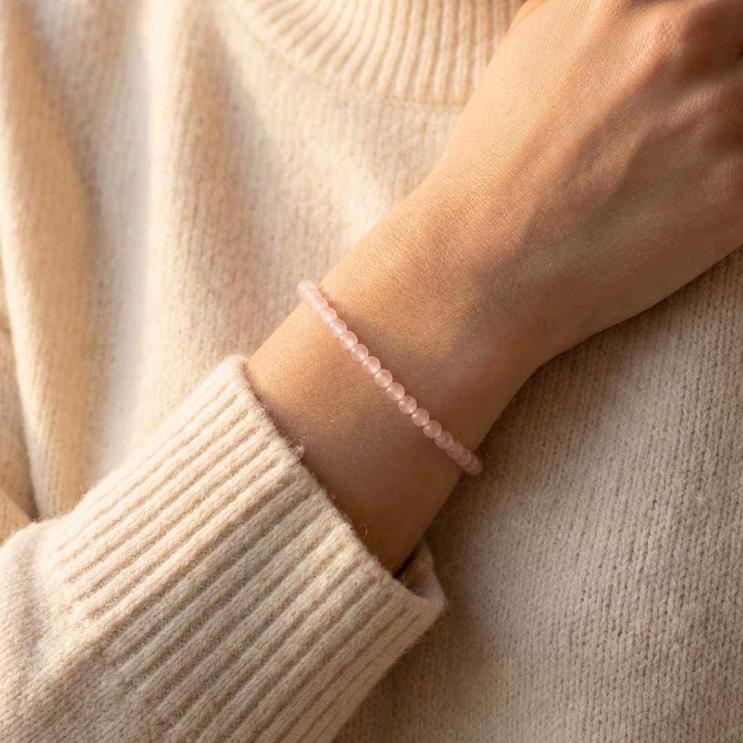 Atelier Tibet delicate pink rose quartz bead bracelet, 4mm natural stones on elastic cord.