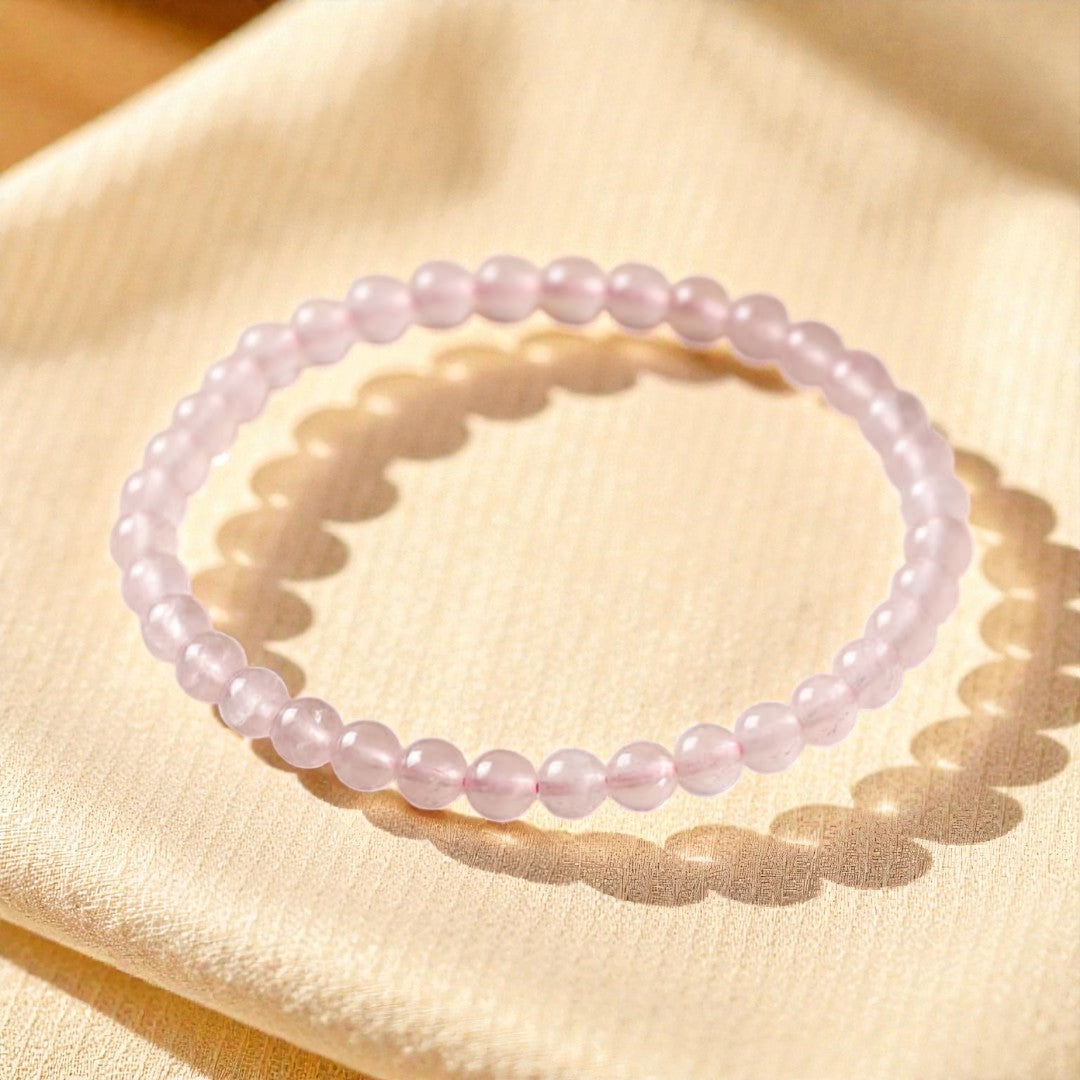 Atelier Tibet delicate pink rose quartz beaded bracelet, 4mm natural stones on elastic cord.
