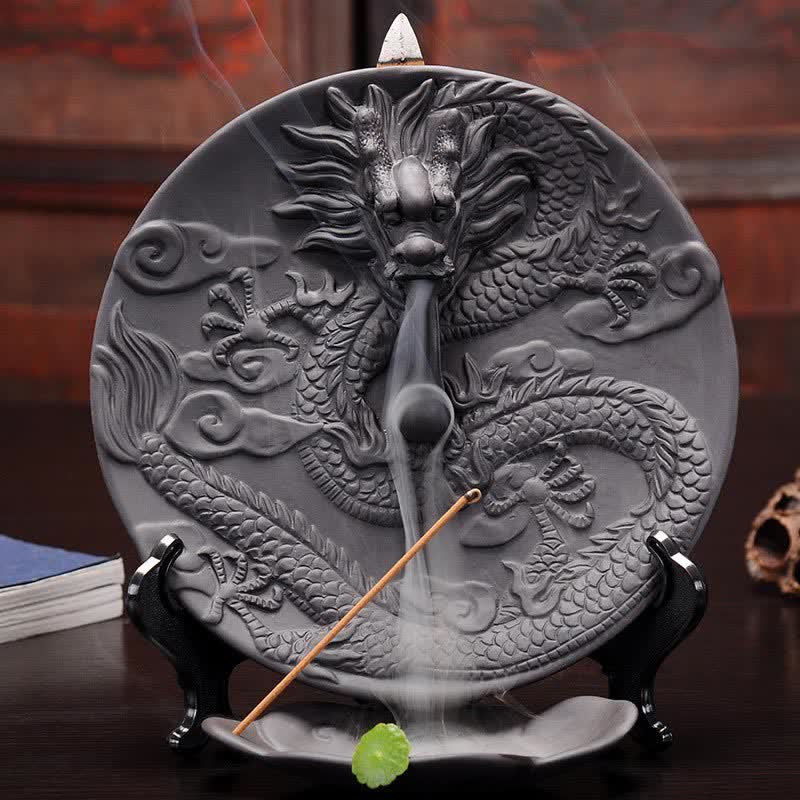 ATELIER-TIBET Brûleur d'encens de méditation à fontaine à fumée à refoulement en céramique Dragon