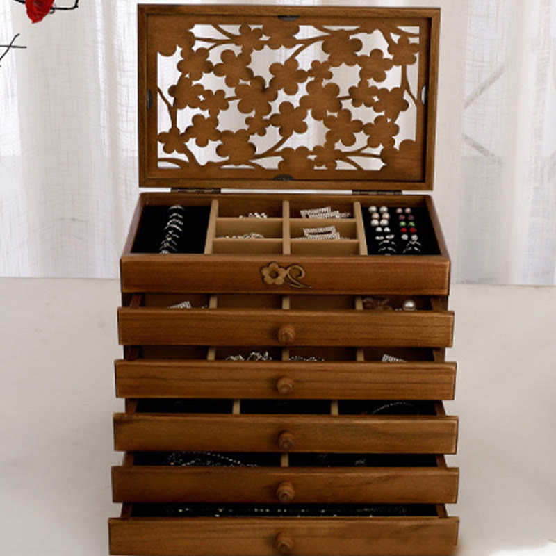 ATELIER-TIBET Boîte à bijoux en bois sculpté à six niveaux avec Buddha Stones et fleur de prunier vintage
