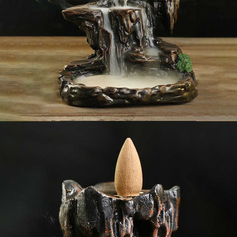 ATELIER-TIBET Brûleur d'encens à refoulement en cascade Buddha Stones et porte-encens en forme de tour de montagne