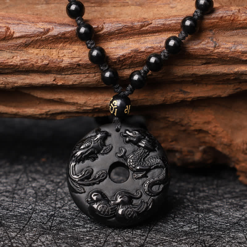 ATELIER-TIBET – Collier Dragon & Phénix en Obsidienne Noire Naturelle