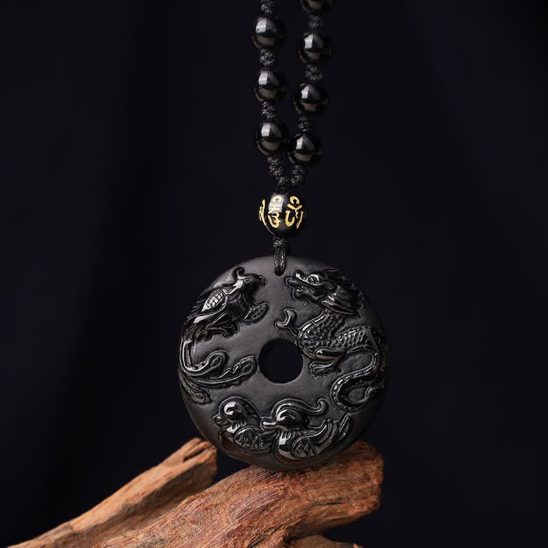 ATELIER-TIBET – Collier Dragon & Phénix en Obsidienne Noire Naturelle
