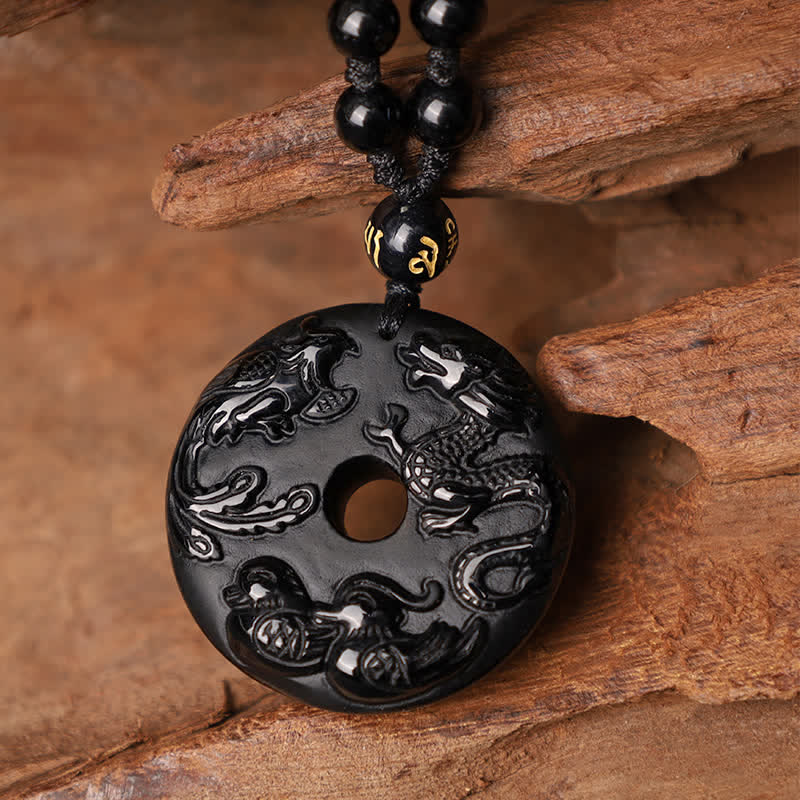 ATELIER-TIBET – Collier Dragon & Phénix en Obsidienne Noire Naturelle