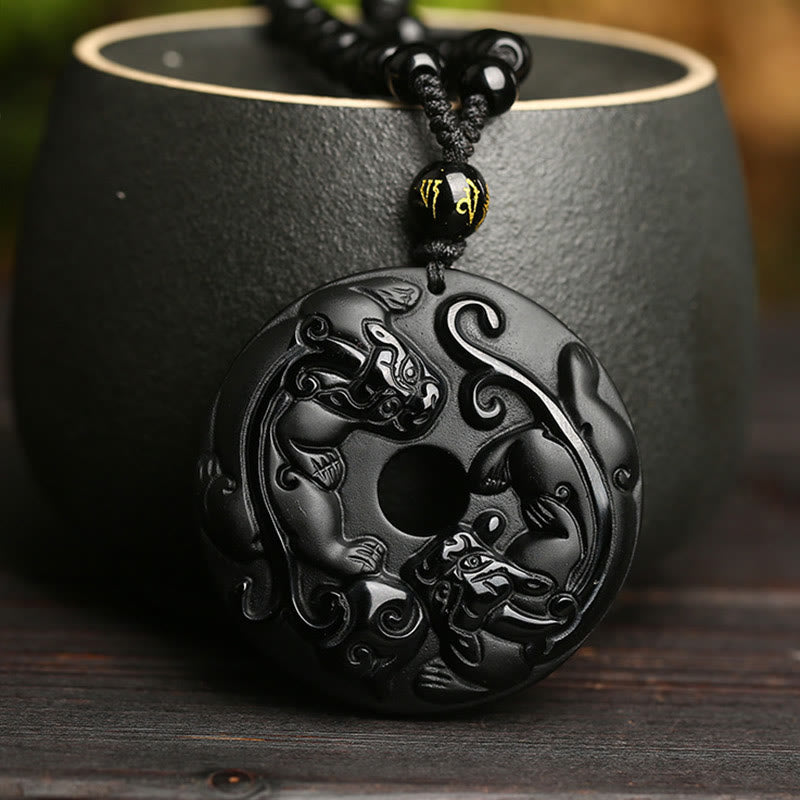 ATELIER-TIBET – Collier Pixiu & Boucle de Paix en Obsidienne Noire Naturelle