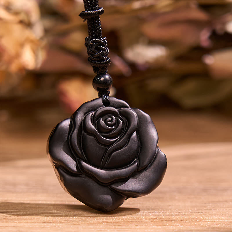 ATELIER-TIBET – Collier Pendentif Rose en Obsidienne Noire Naturelle