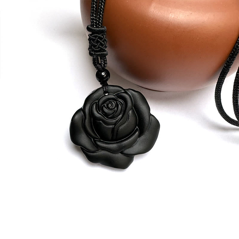 ATELIER-TIBET – Collier Pendentif Rose en Obsidienne Noire Naturelle