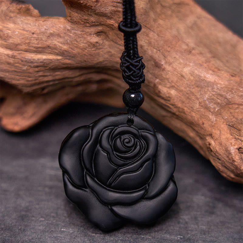 ATELIER-TIBET – Collier Pendentif Rose en Obsidienne Noire Naturelle