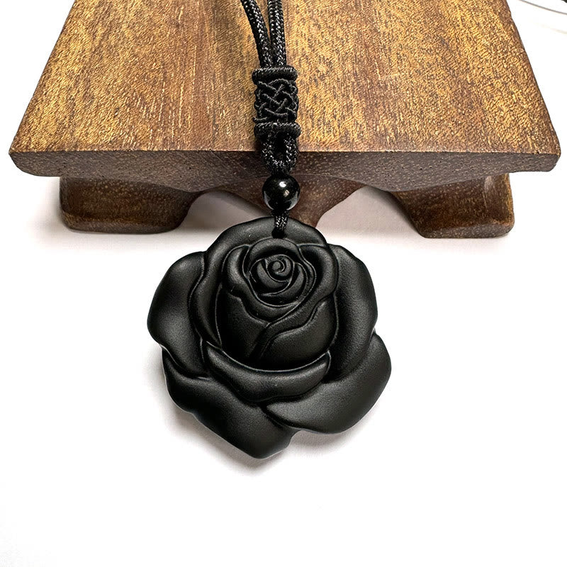 ATELIER-TIBET – Collier Pendentif Rose en Obsidienne Noire Naturelle