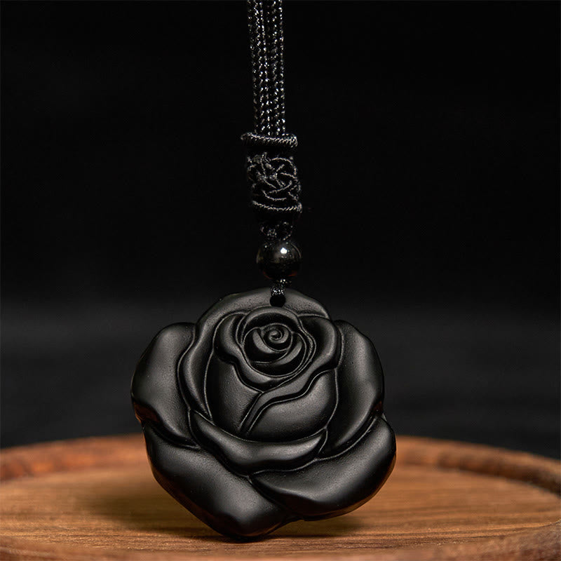 ATELIER-TIBET – Collier Pendentif Rose en Obsidienne Noire Naturelle