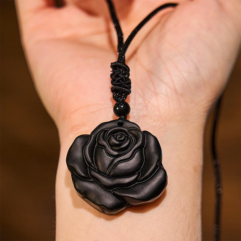 ATELIER-TIBET – Collier Pendentif Rose en Obsidienne Noire Naturelle