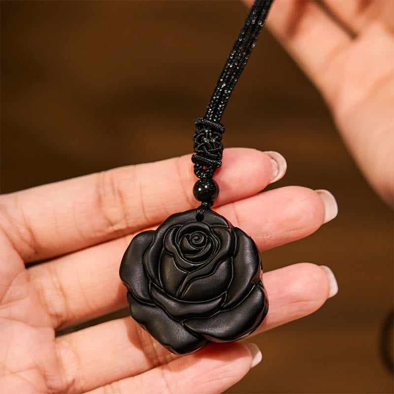 ATELIER-TIBET – Collier Pendentif Rose en Obsidienne Noire Naturelle