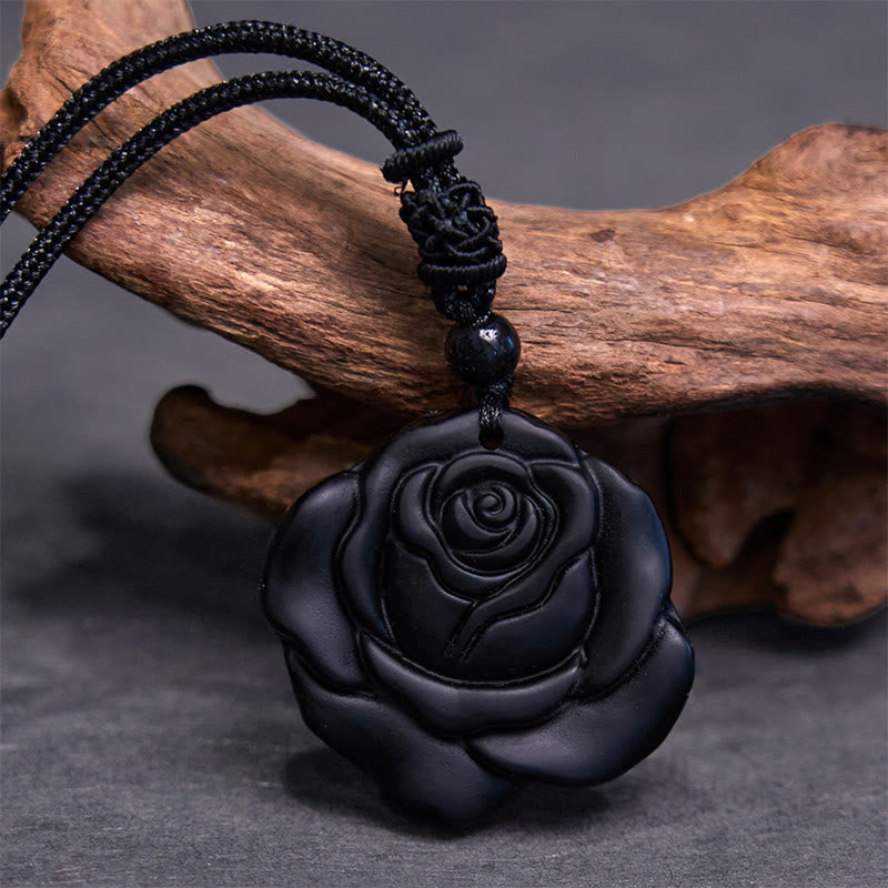 ATELIER-TIBET – Collier Pendentif Rose en Obsidienne Noire Naturelle