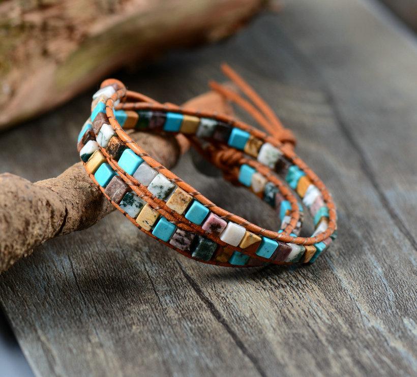 ATELIER-TIBET – Bracelet Double Tour « Vie Colorée » en Pierres Naturelles & Cuir