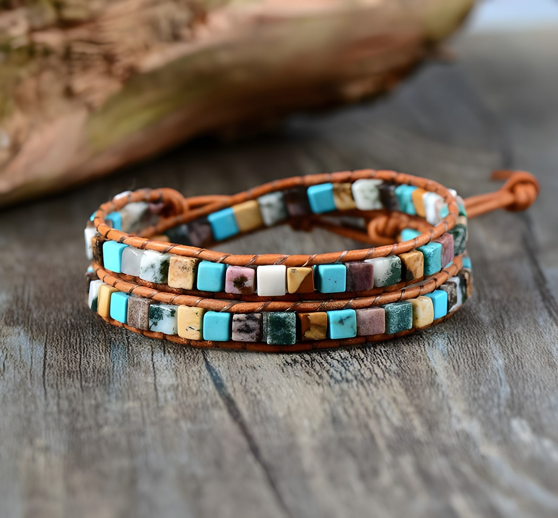 ATELIER-TIBET – Bracelet Double Tour « Vie Colorée » en Pierres Naturelles & Cuir