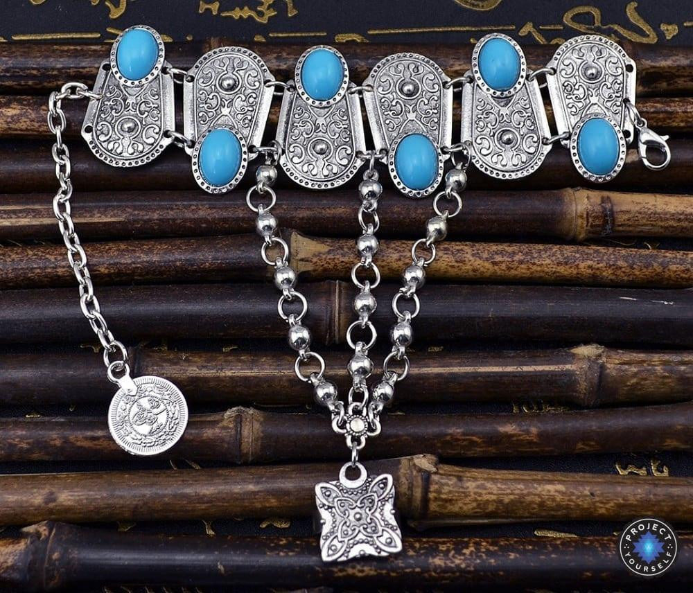 ATELIER-TIBET – Chaîne de Main Bohème en Argent Vintage avec Fleur & Pièce (Ajustable)