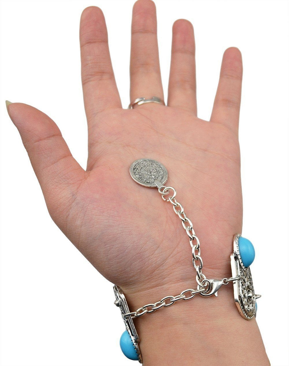 ATELIER-TIBET – Chaîne de Main Bohème en Argent Vintage avec Fleur & Pièce (Ajustable)