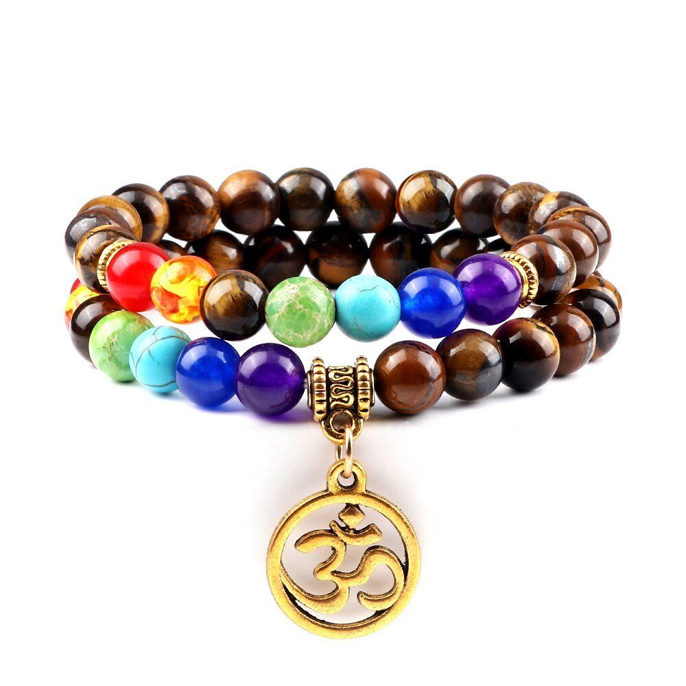 ATELIER-TIBET Bracelet Chakra Homme Œil de Tigre avec Symbole Bouddhiste Aum Doré