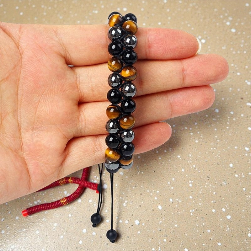 ATELIER-TIBET – Bracelet Tressé Ajustable Triple Protections en Hématite, Oeil de Tigre & Obsidienne