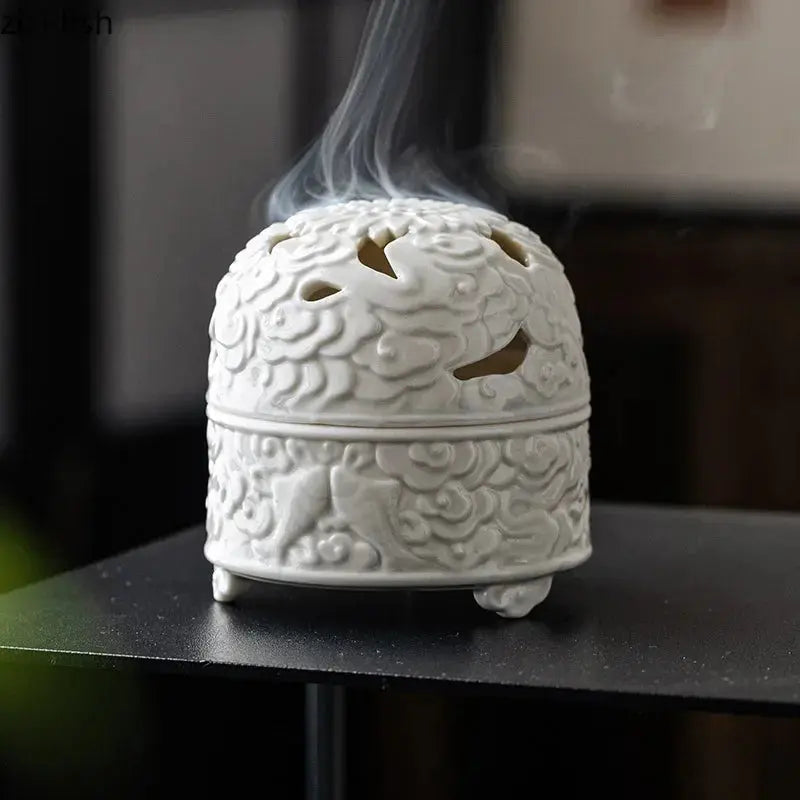 ATELIER-TIBET – Brûleur d’Encens en Céramique Blanche, Nuages & Ambiance Zen