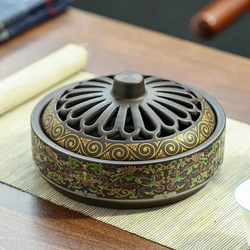 ATELIER-TIBET – Brûleur d’Encens en Céramique Grand Format, Motifs Asiatiques