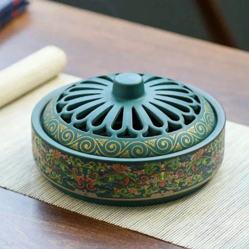 ATELIER-TIBET – Brûleur d’Encens en Céramique Grand Format, Motifs Asiatiques