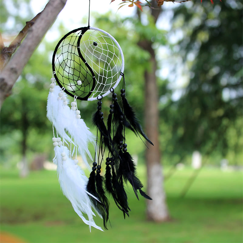 ATELIER-TIBET Attrape-rêves Yin Yang Filet circulaire avec plumes Décoration d'équilibre
