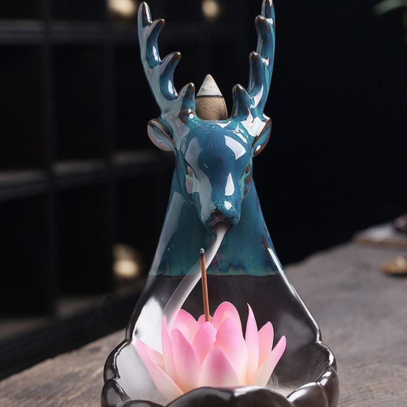 ATELIER-TIBET Brûleur d'encens de méditation en céramique Buddha Stones Little Deer Lotus