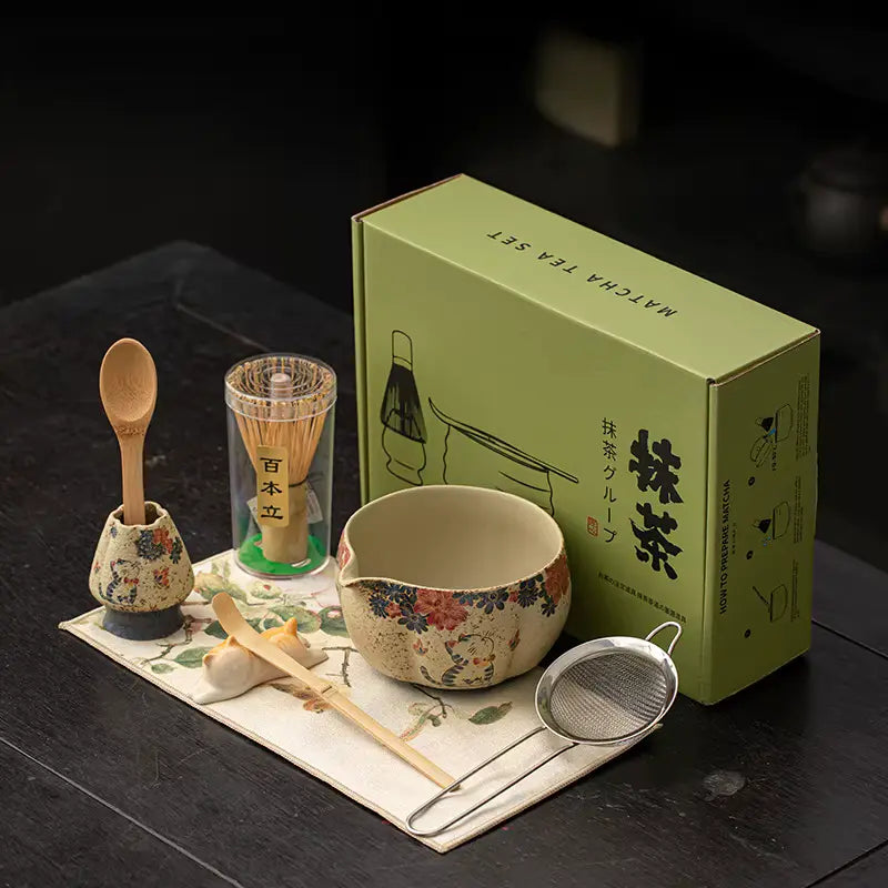 Coffret Matcha Japonais – Bol Fleuri Céramique & Bambou