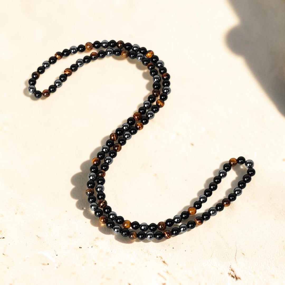 ATELIER-TIBET – Collier 3 Protections en Hématite, Obsidienne & Oeil de Tigre
