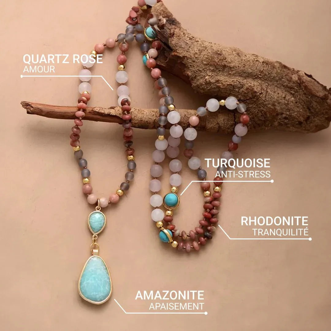 ATELIER-TIBET – Collier Mala Ethnique en Turquoise, Amazonite, Quartz Rose & Rhodonite
