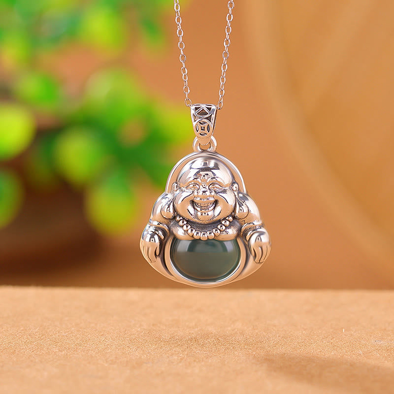 ATELIER-TIBET Collier Bouddha en Jade Cyan Naturel et Argent 999