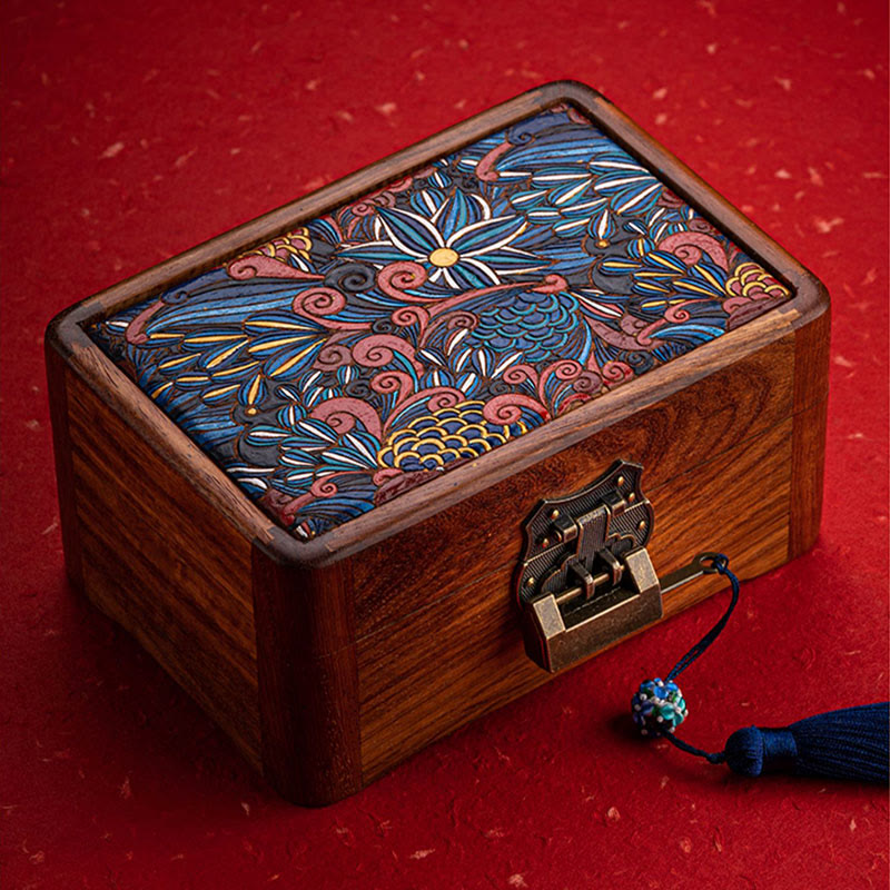 ATELIER-TIBET Boîte de rangement de bijoux en bois de rose à motif floral rétro faite à la main, boîte de rangement verrouillable en bois pour cadeaux