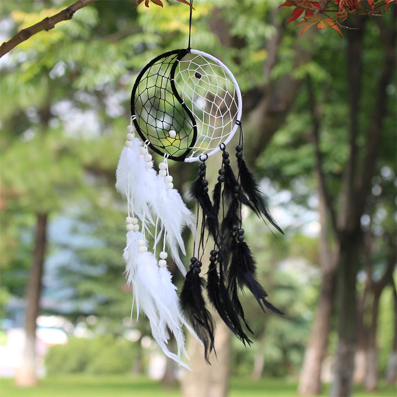 ATELIER-TIBET Attrape-rêves Yin Yang Filet circulaire avec plumes Décoration d'équilibre