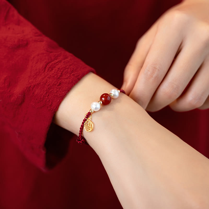 ATELIER-TIBET – Bracelet Fil Rouge en Argent Sterling 925 avec Symbole Fu (福)