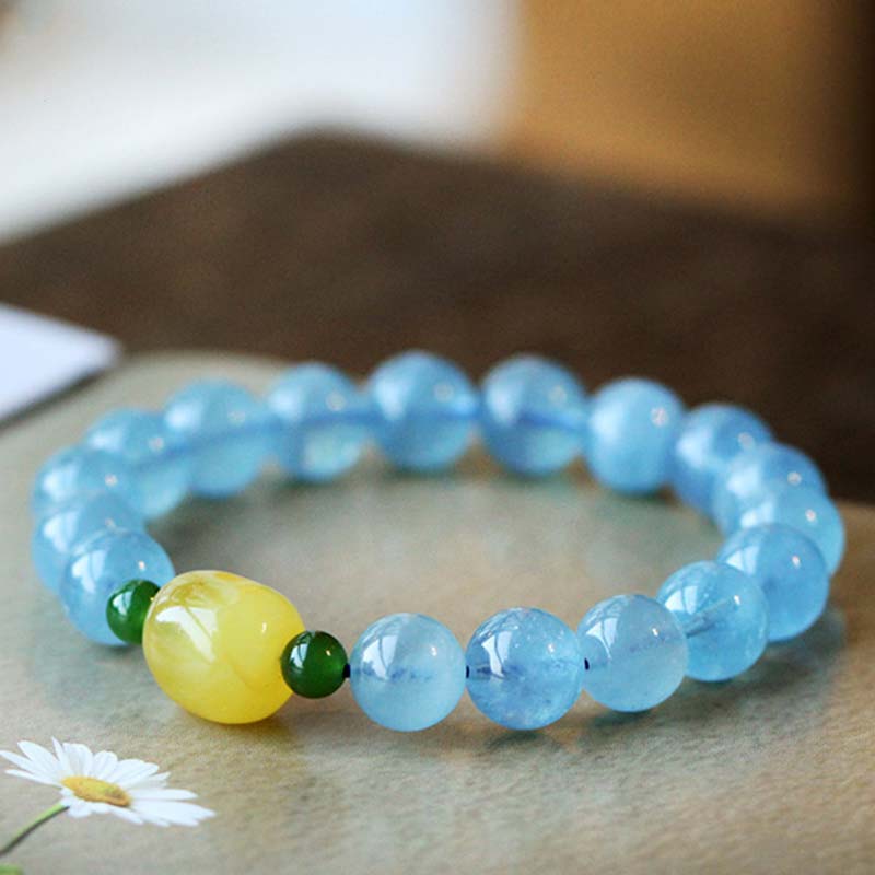 ATELIER-TIBET – Bracelet Sérénité en Aigue-Marine & Ambre Naturels 8 mm | Harmonie & Apaisement Symbolique