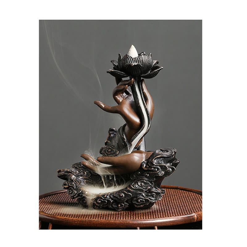 ATELIER-TIBET Brûleur d'encens à reflux en résine avec Buddha Stones et main de Bouddha, motif de nuages propices, méditation