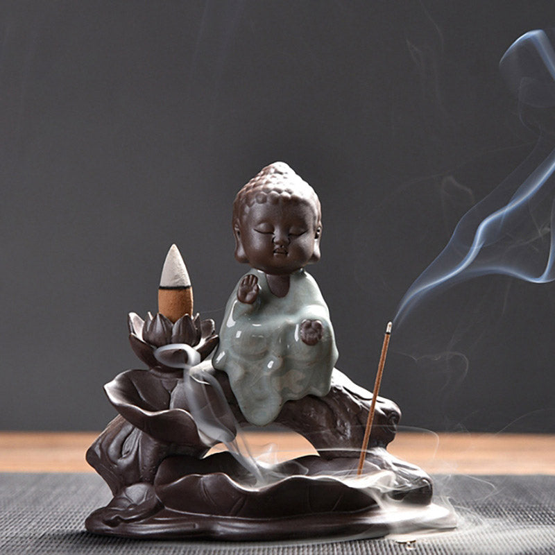 ATELIER-TIBET – Brûleur d’Encens en Céramique Lotus & Petit Moine à Reflux